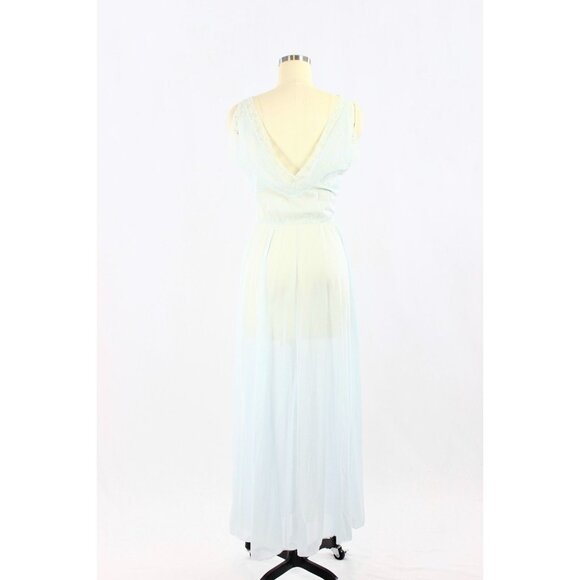 Vintage 60's LUXITE Light Blue Nylon Embroidered Mesh Plunge Slip Dress, Size 34 - Picture 3 of 12